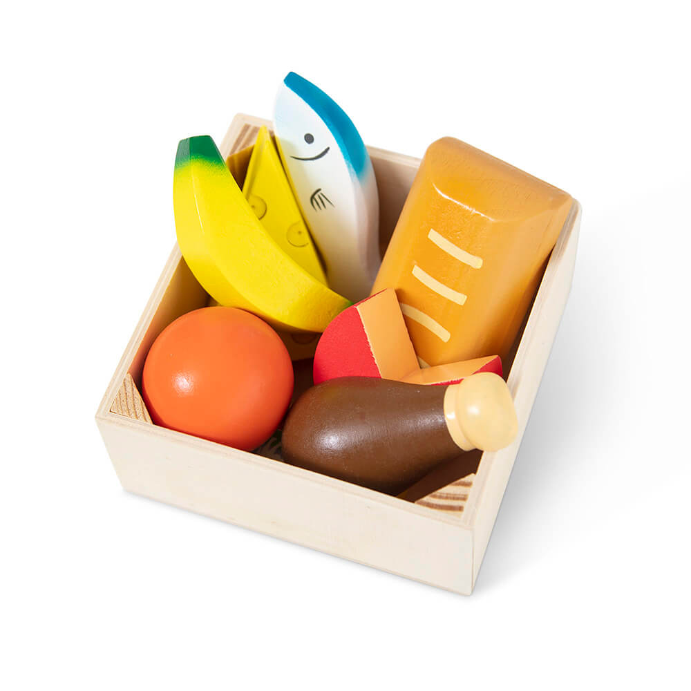 Melissa and Doug Food Groups Wooden Food Play Set one box of the food groups open and showing food'