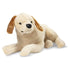 Melissa & Doug lifelike plush yellow Labrador puppy toy in cream fabric with golden brown ears, soft texture, and realistic details, shown lying down as a cuddly companion for kids.