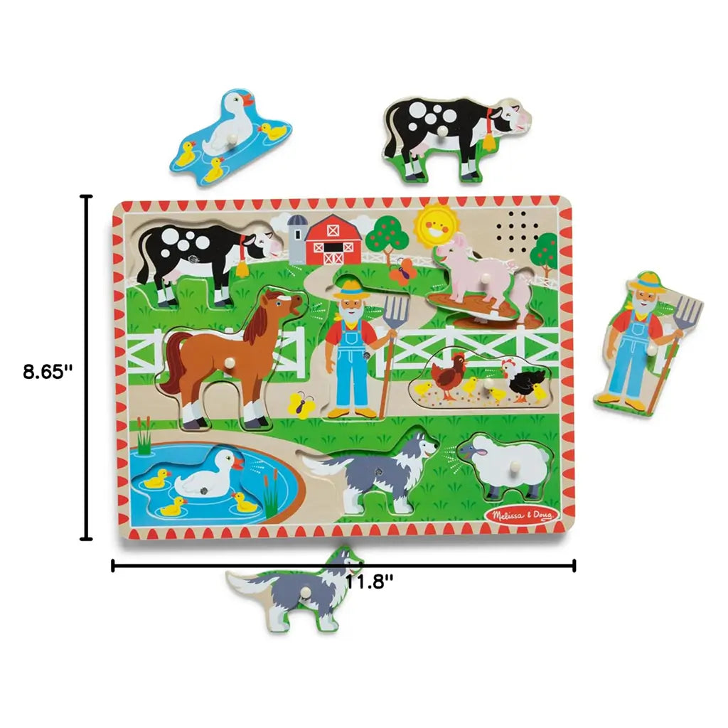 Melissa & Doug Old MacDonald’s Farm sound puzzle measured at 8.65 by 11.8 inches, depicting removable farm-themed pieces that teach young children shape recognition and sound association.