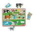 Melissa & Doug Old MacDonald’s Farm sound puzzle featuring colorful wooden pieces of farm animals and a farmer on a green farm scene, designed to teach toddlers animal sounds and recognition.