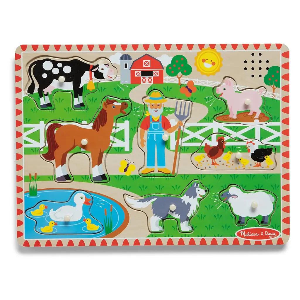 Close-up of Melissa & Doug Old MacDonald’s Farm sound puzzle completed with colorful farm animals, including a horse, dog, duck, and cow, teaching toddlers to match pieces by shape and sound.