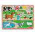Close-up of Melissa & Doug Old MacDonald’s Farm sound puzzle completed with colorful farm animals, including a horse, dog, duck, and cow, teaching toddlers to match pieces by shape and sound.
