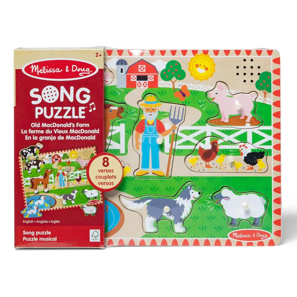 Melissa & Doug Old MacDonald’s Farm sound puzzle showing vibrant illustrations of farm animals, a pond, and a farmer, combining wooden craftsmanship with interactive sound features for toddlers.