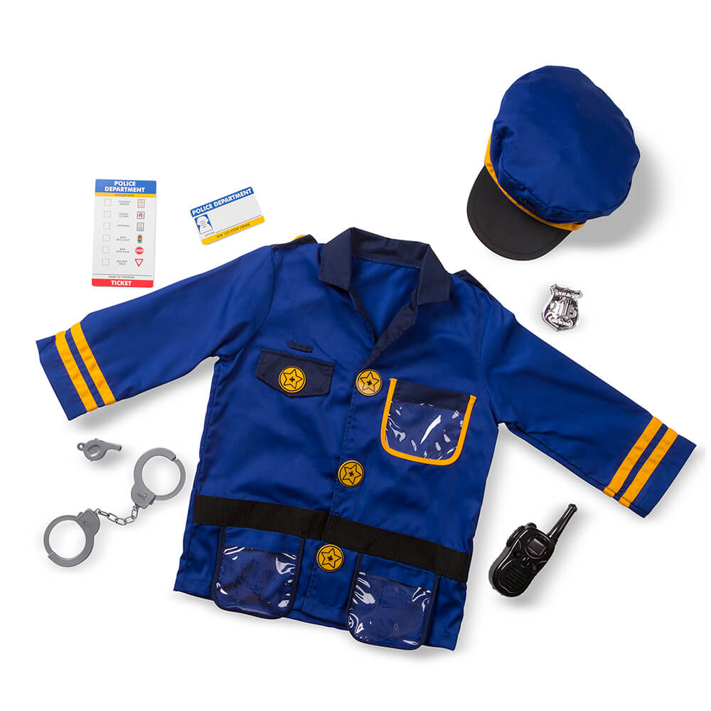 The Melissa and Doug Police Officer Costume Role Play Set features costume, whistle, handcuffs, police hat, badge, walkie-takie (non working) and more.