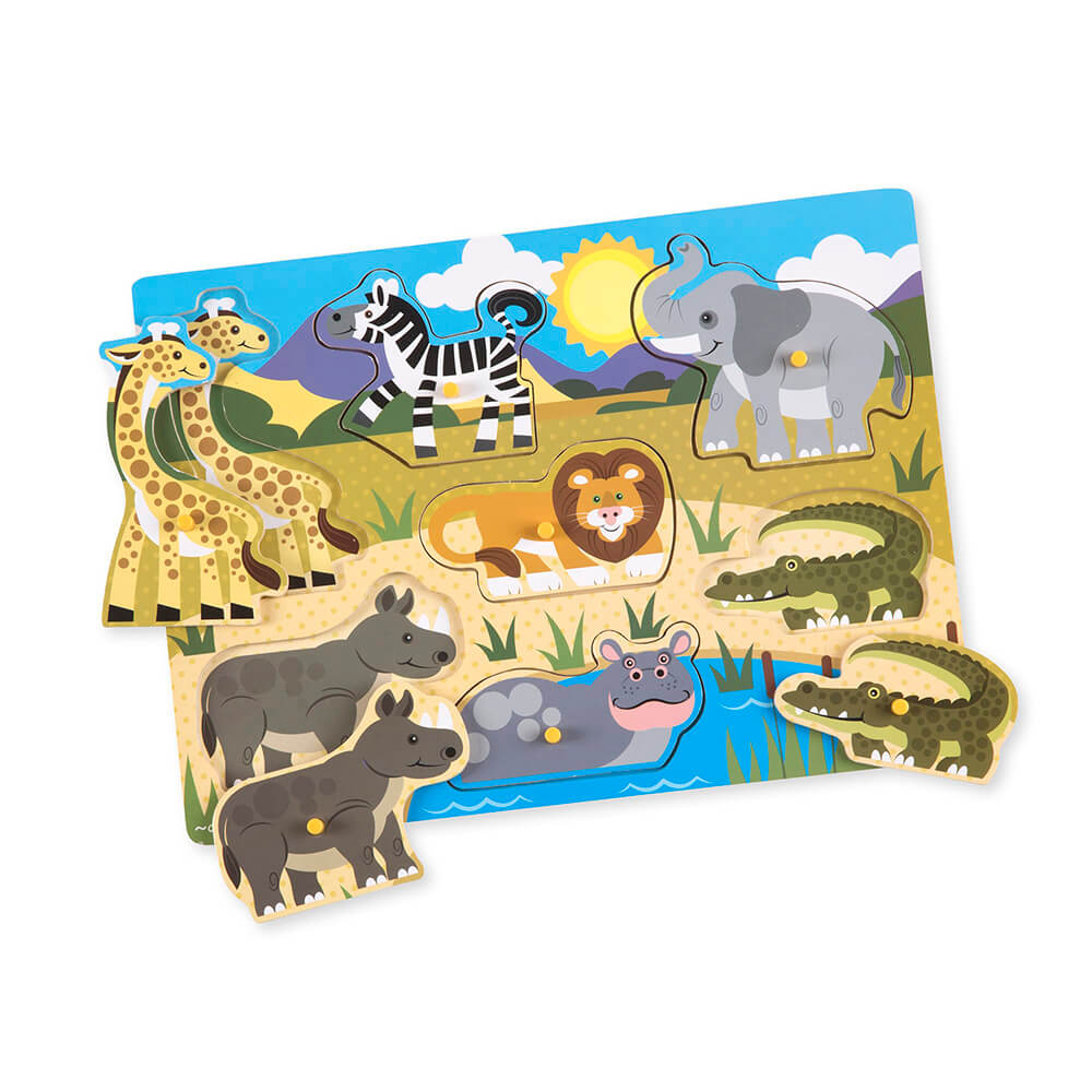 Melissa and Doug Safari 7 Piece Peg Puzzle with some pieces of the puzzle removed