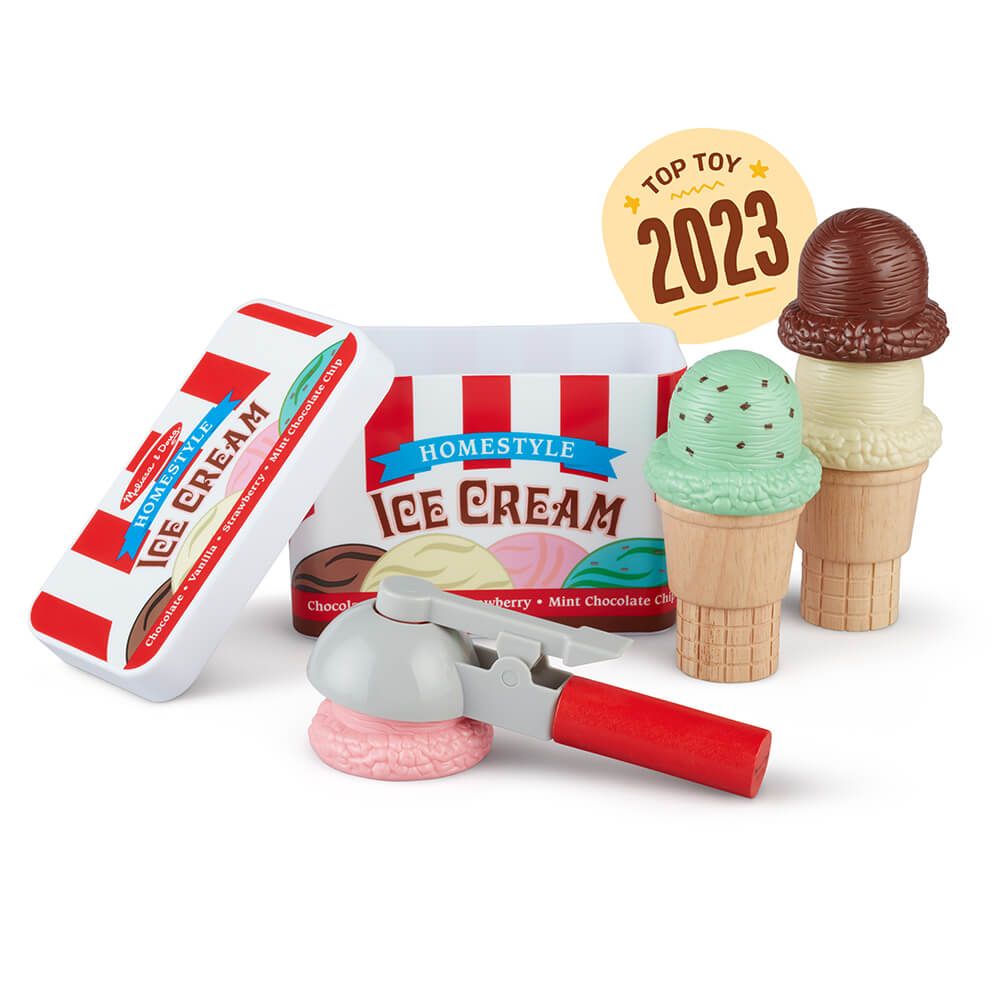 Melissa and Doug Scoop & Stack Ice Cream Cone Play Set outside of packaging with notice of top toy for 2023