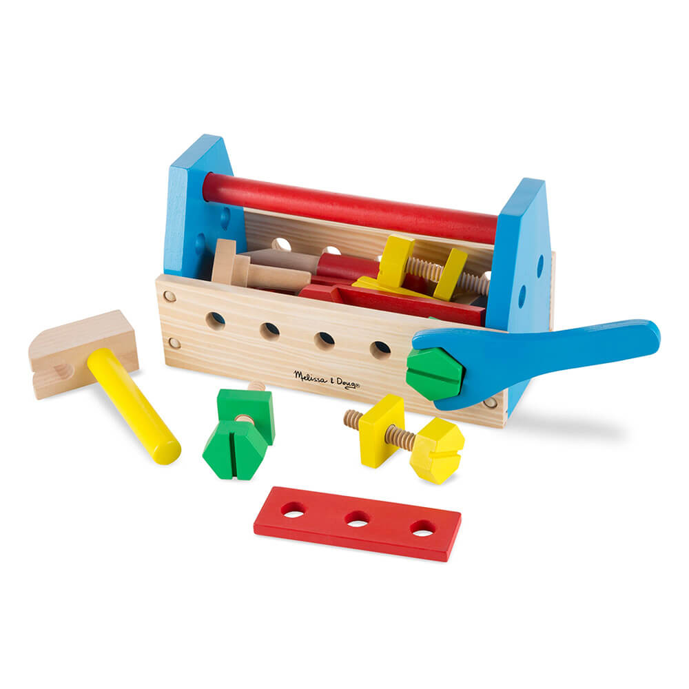 Melissa and Doug Take-Along Tool Kit Wooden Toy with some of the pieces out of the packaging showing you how you can use the wrench