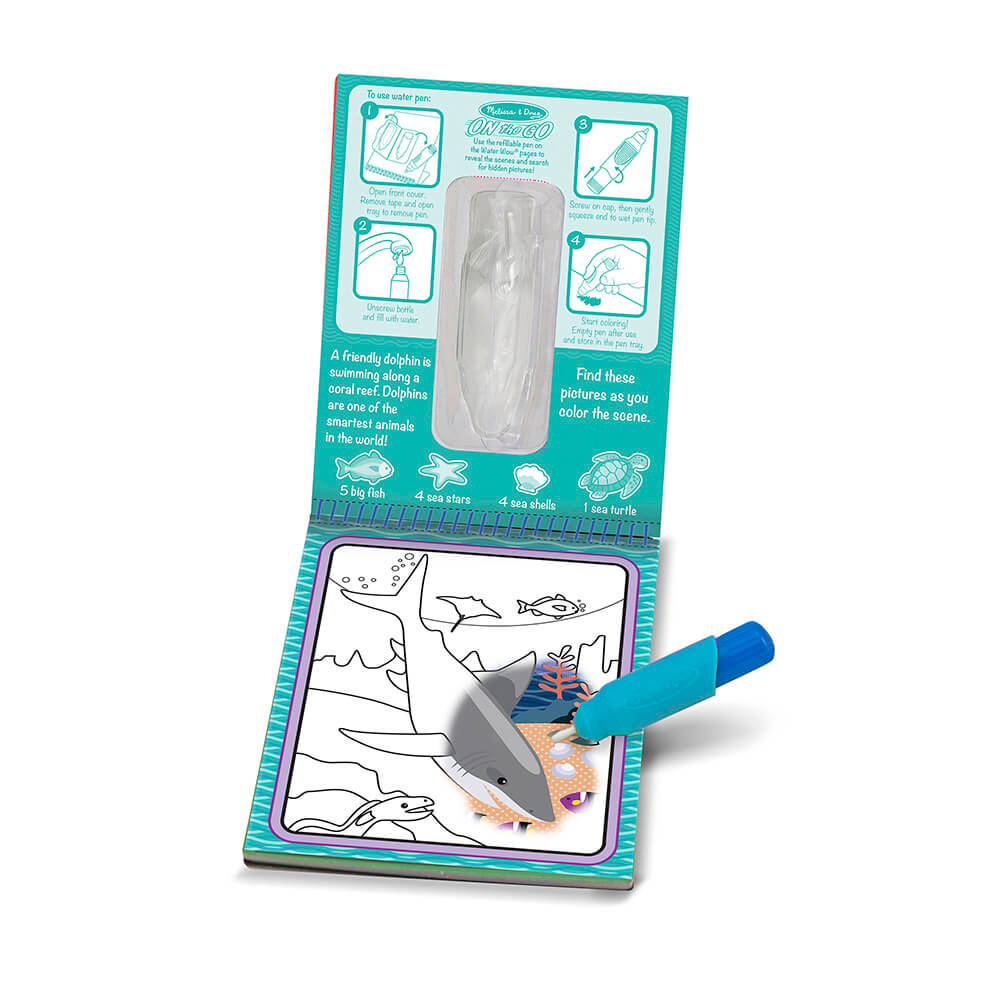 Melissa and Doug Water Wow! Under the Sea Water-Reveal On the Go Travel Activity Pad opened showing color changing page with pen
