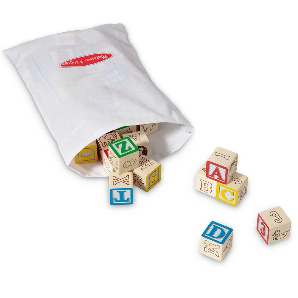 Melissa and Doug Wooden ABC 123 Blocks carrying bag with blocks inside and outside of bag