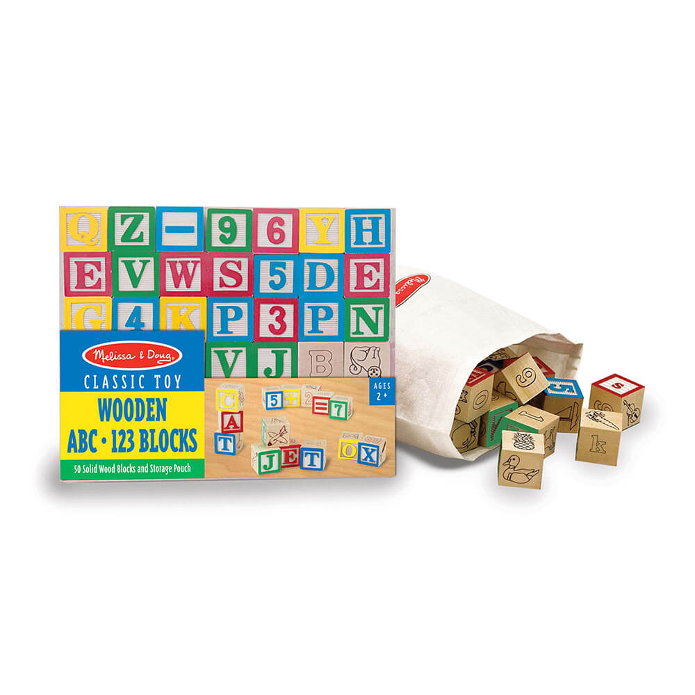 Image of the Melissa and Doug Wooden ABC 123 Blocks with carrying bag full of blocks
