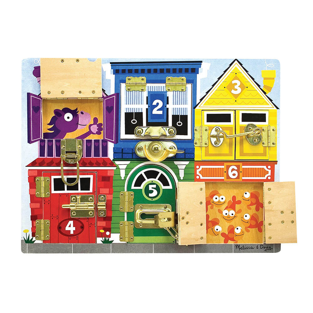 Front view of the Melissa and Doug Wooden Latches Board, featuring numbers, colors, latches, and skill building tools.