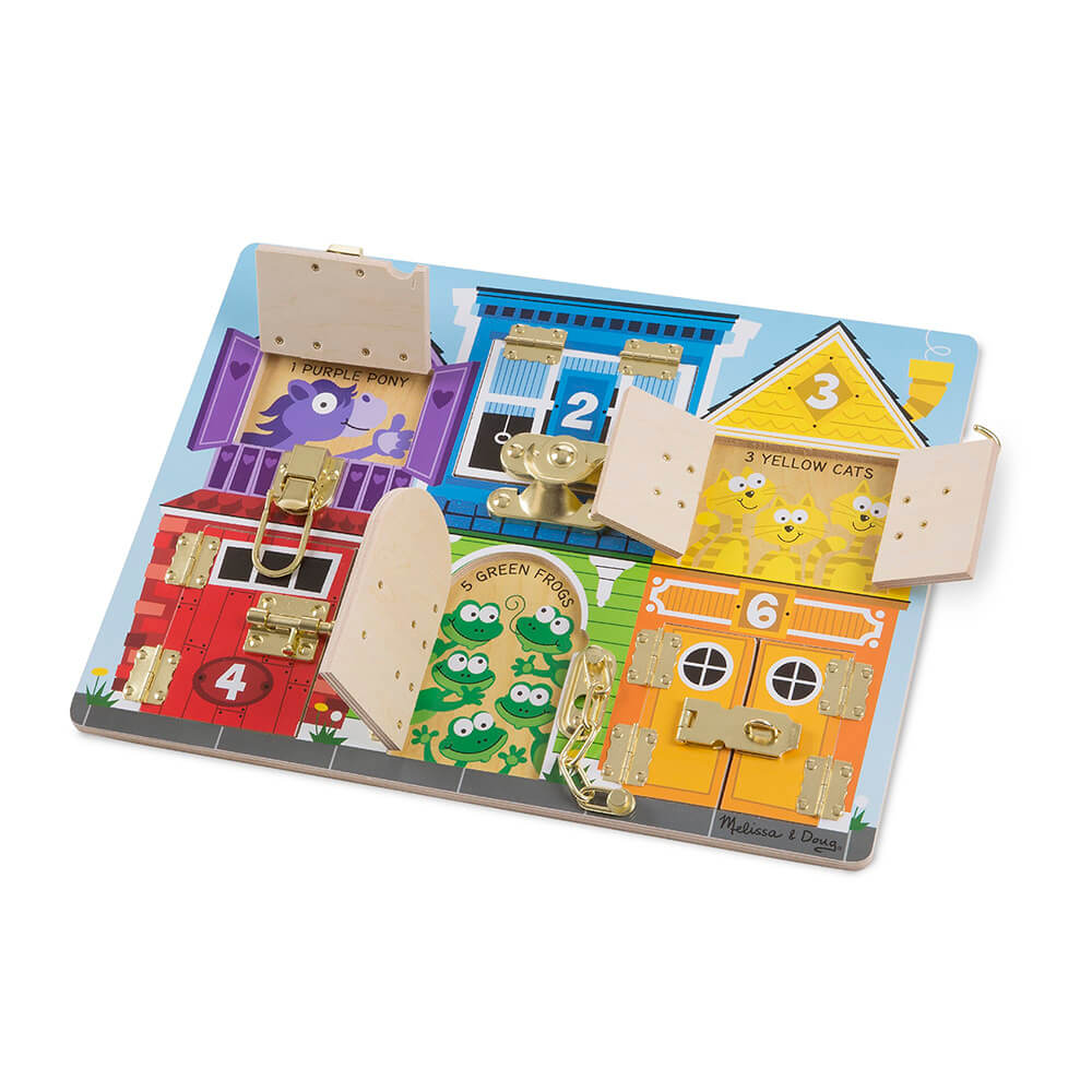 Angled version of the Melissa and Doug Wooden Latches Board, with vibrant colors including purple, blue, yellow, red, green, and yellow.