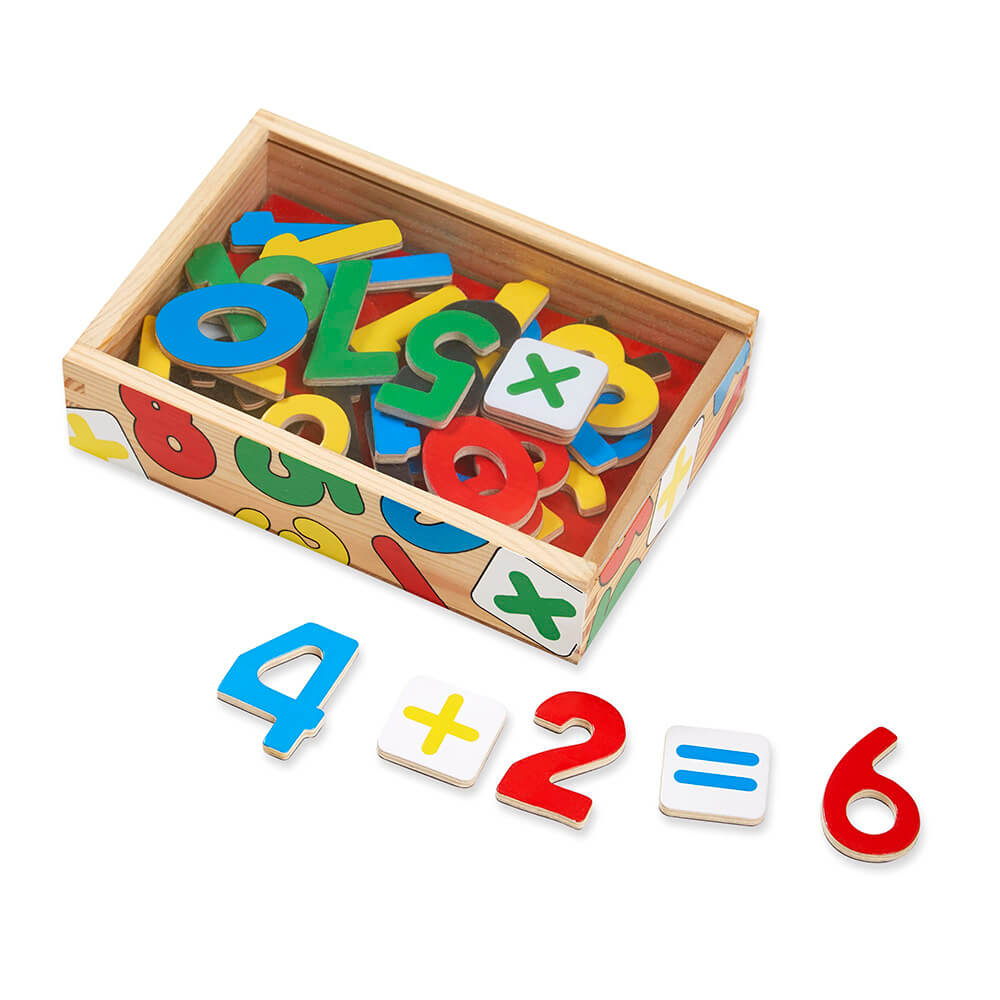 Using the magnetic numbers from the Melissa and Doug Wooden Numbers Magnets there is the box as well as 4+2=6 infront of the package
