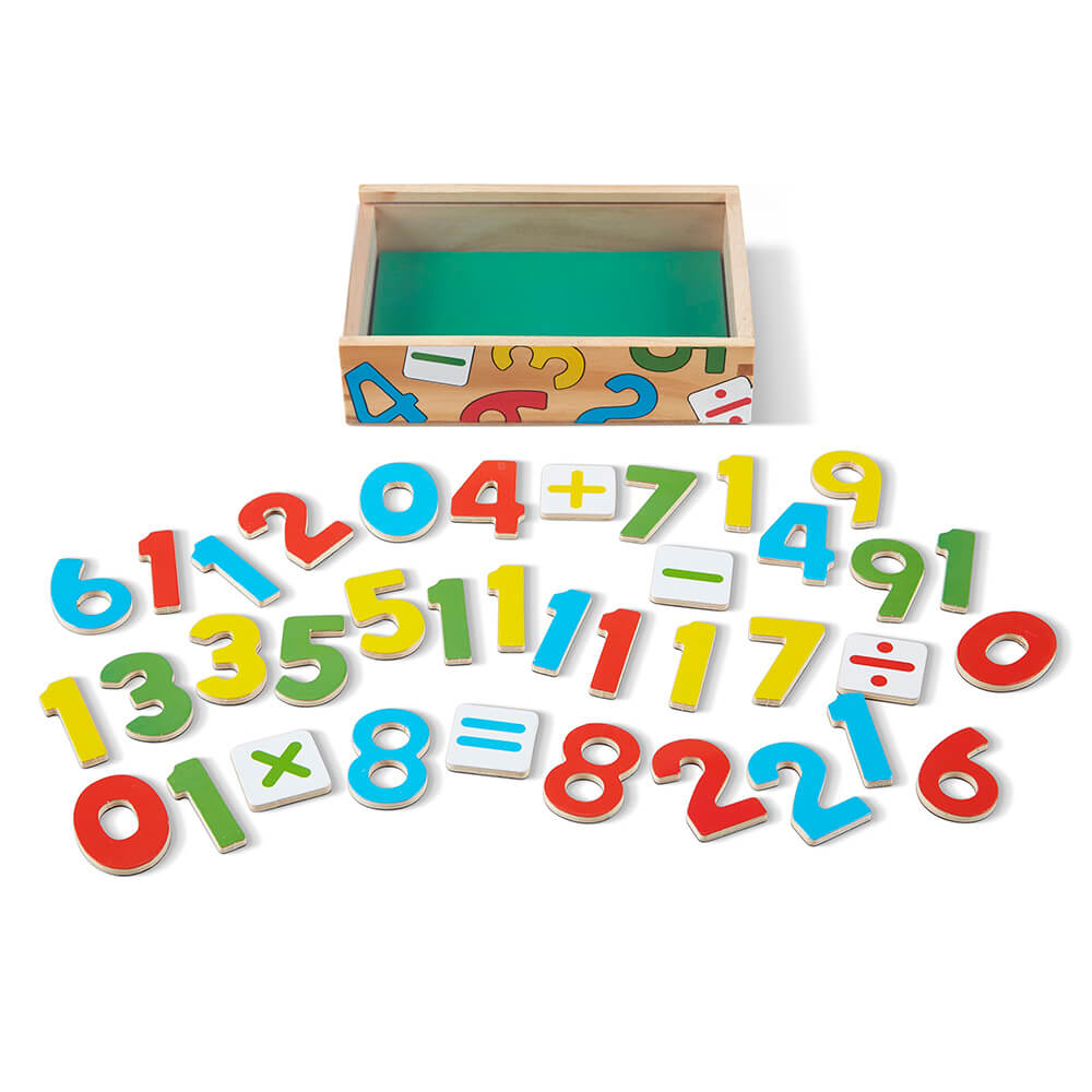 Open package of the Melissa and Doug Wooden Numbers Magnets displaying all the numbers and packaging