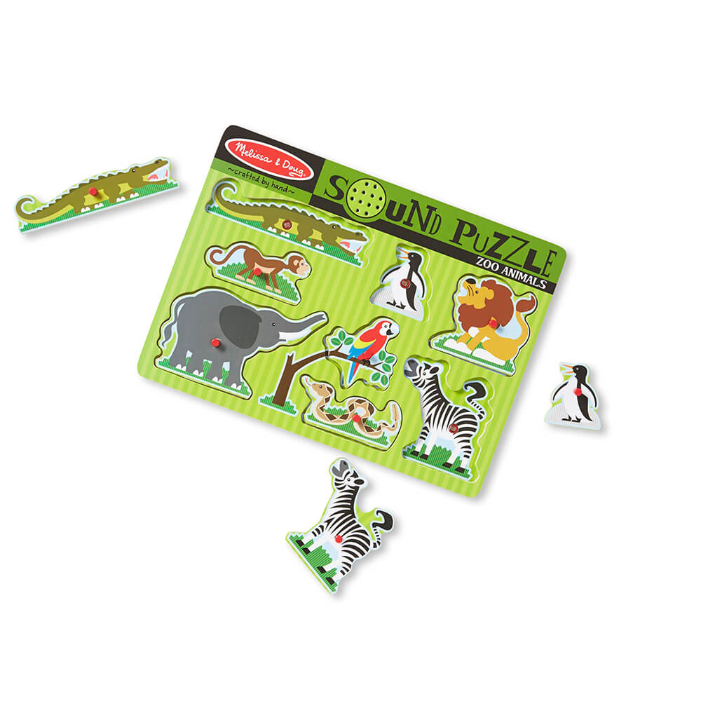 Melissa and Doug Zoo Animals 8 Piece Sound Puzzle with the alligator, penguin and zebra pieces removed