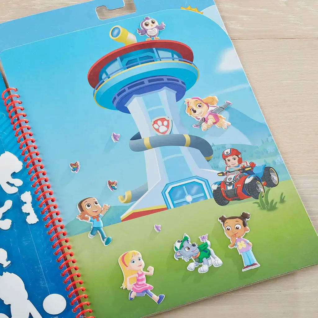 Paw Patrol puffy sticker scene showing the lookout tower with characters, animals, and accessories arranged on a sunny blue sky background with green grassy foreground.