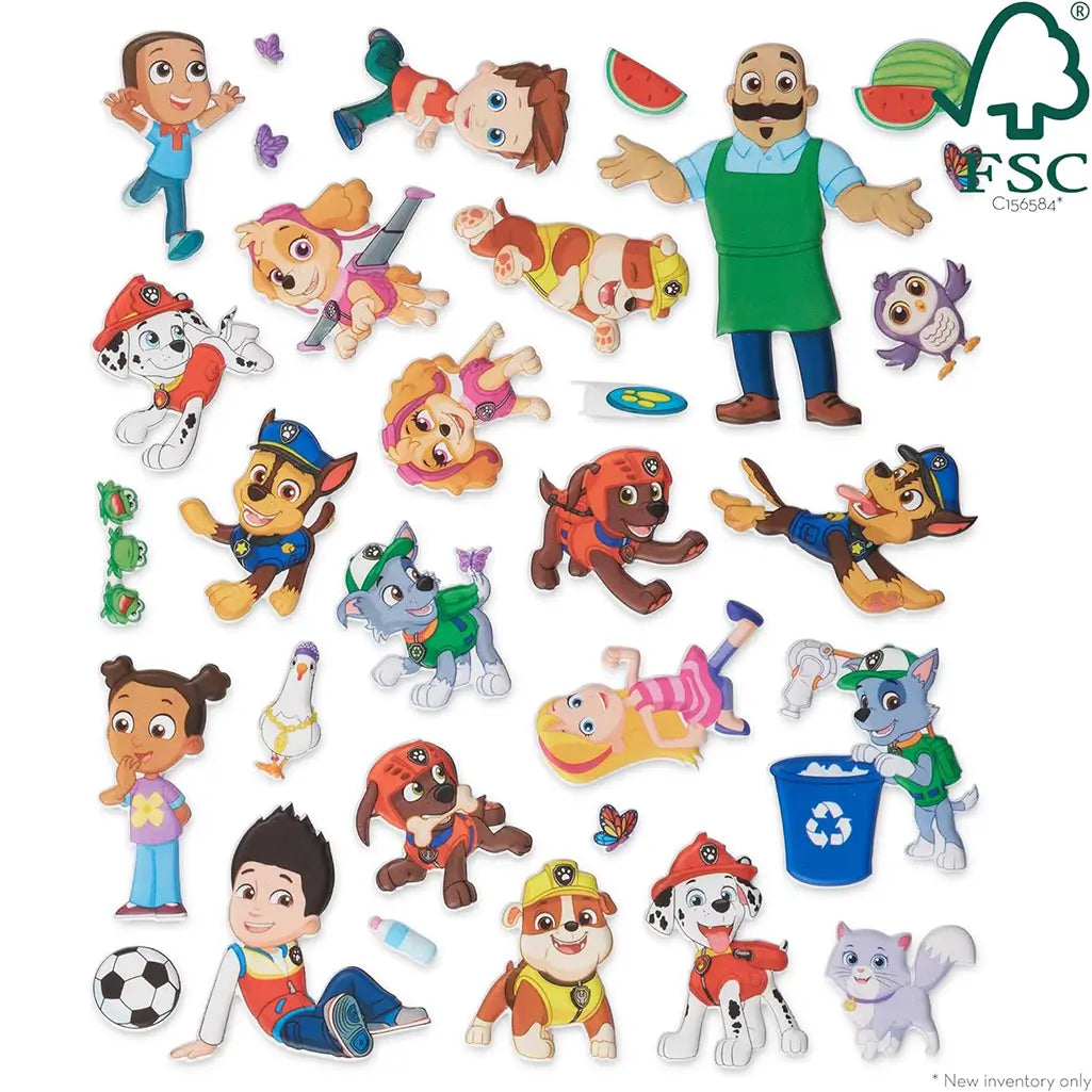 Set of Paw Patrol puffy stickers laid out, including cartoon pups, children, animals, and playful accessories, designed for restickable use in various colorful activity scenes.