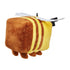 Minecraft bee plush rear angled view showing brown plush back panel, yellow and brown striped sides, cube-shaped construction, white layered wings, and soft legs, illustrating the full 8-inch collectible design on a white background.