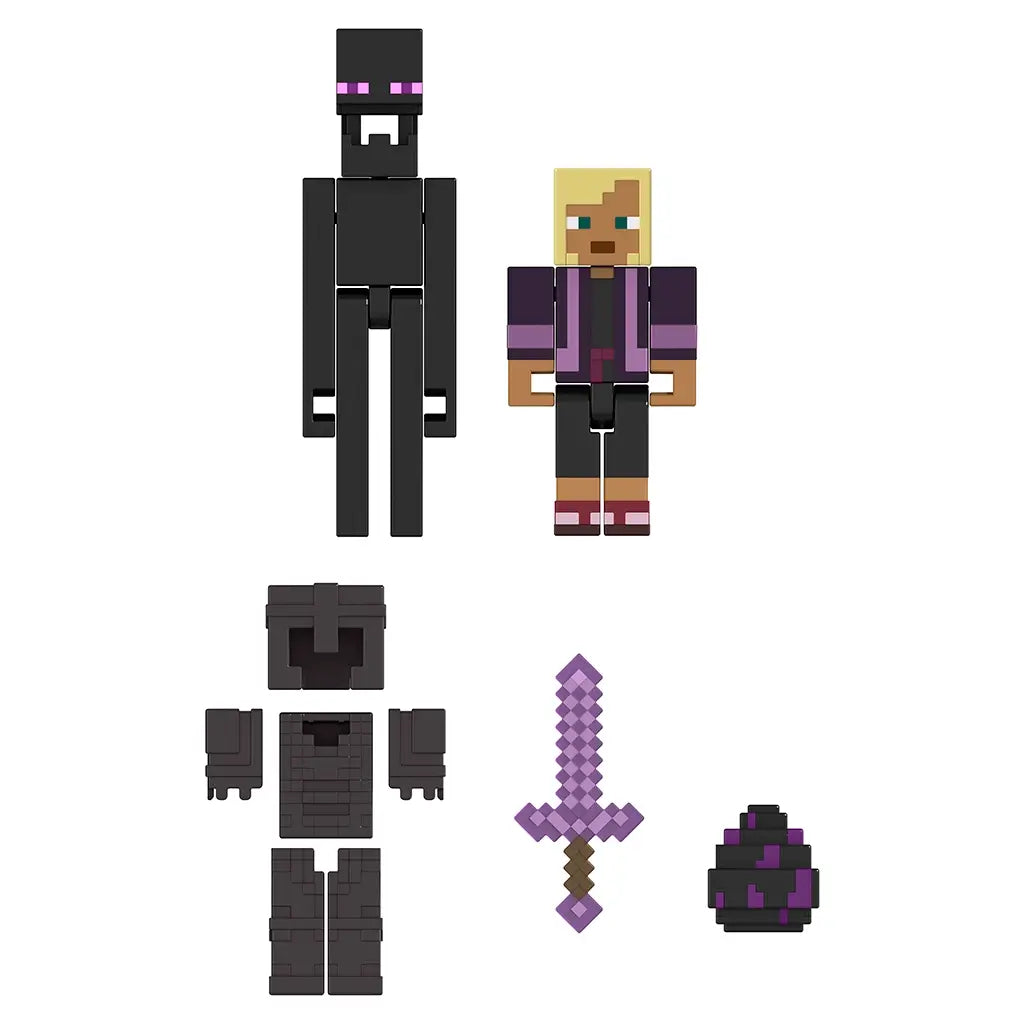 Close-up of Minecraft End Conqueror Kai 2-pack accessories including black armor set, pixelated purple sword, and dragon egg with purple spots.