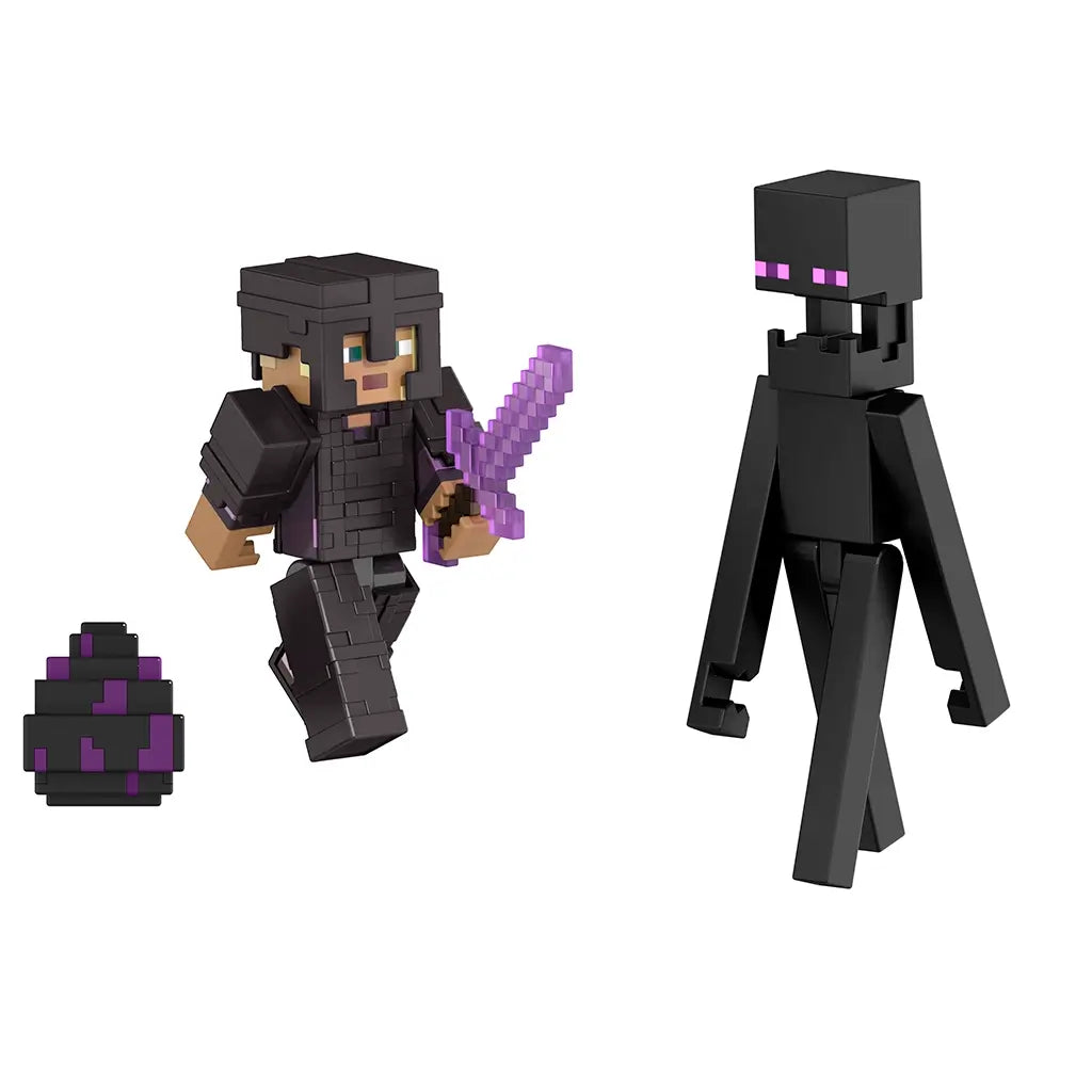 Minecraft End Conqueror Kai running with purple sword beside Enderman and dragon egg, showcasing blocky style and vivid colors in an action scene setup.