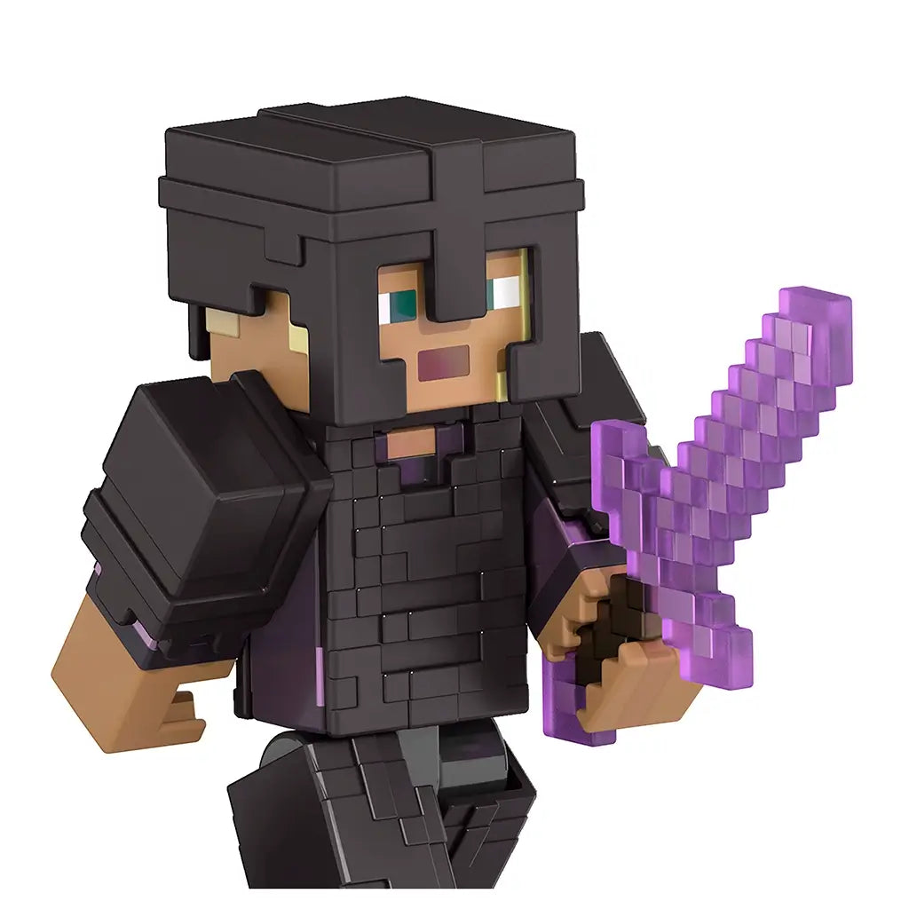 Minecraft End Conqueror Kai figure in black armor with pixelated purple sword, featuring detailed blocky design and expressive eyes against a plain white background.