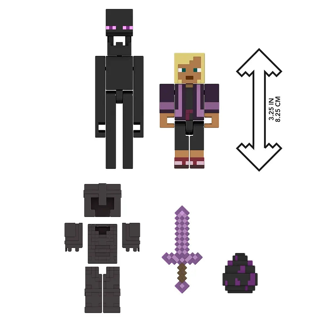 Size chart of Minecraft End Conqueror Kai 2-pack showing Enderman and Kai figures, armor pieces, purple sword, and dragon egg with 3.25-inch height label.