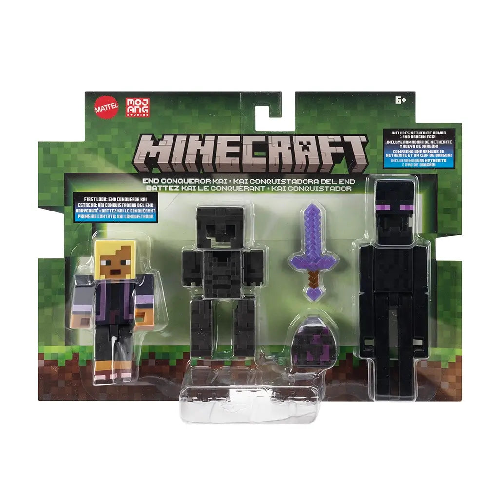 Packaged Minecraft End Conqueror Kai 2-pack with armor, purple sword, dragon egg, and Enderman, displayed in green pixel-themed retail box by Mattel.