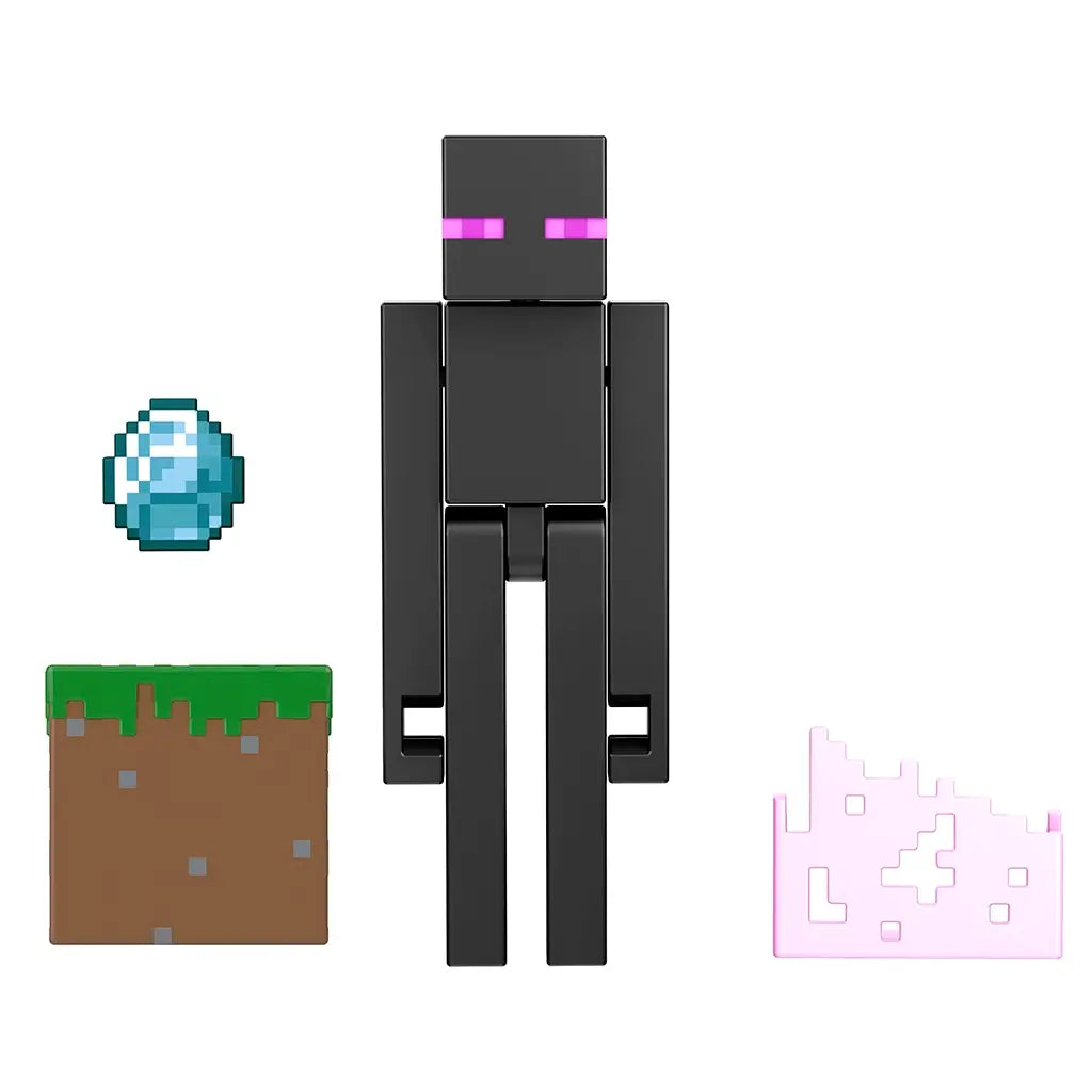Minecraft Enderman action figure with pixelated black design, pink teleportation base, and accessories including Ender Pearl and grass block.