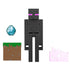 Minecraft Enderman action figure with pixelated black design, pink teleportation base, and accessories including Ender Pearl and grass block.