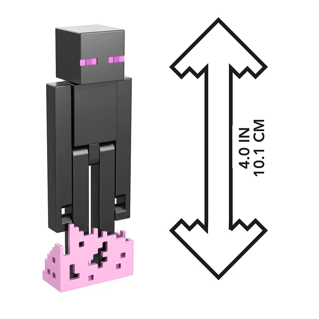 Minecraft Enderman 4-inch (10.1 cm) action figure with pixelated blocky design, standing on pink teleportation base, size indicated with graphic.