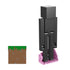 Rear angled view of Minecraft Enderman 3.25-inch action figure, standing on pink teleportation effect base with grass block accessory nearby.