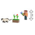 Size chart of Minecraft Meadow Wanderer Ari set showing Ari holding blue flower, Siamese cat walking, and grassy block with flowers, labeled as 3.25 inches tall.