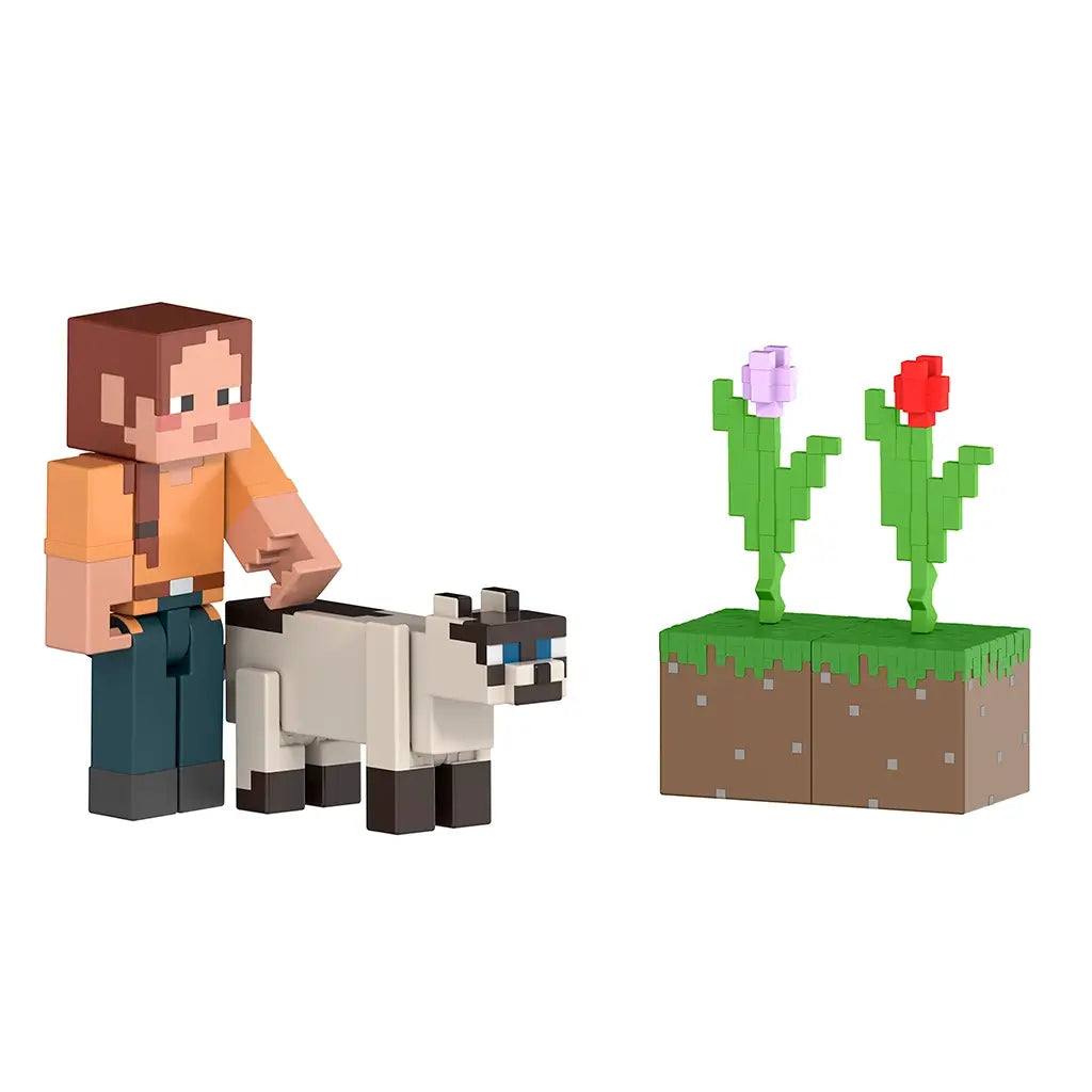 Minecraft Meadow Wanderer Ari figure standing beside Siamese cat and grassy block topped with pink and red pixel flowers, shown in detailed block-style design.