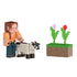 Minecraft Meadow Wanderer Ari figure standing beside Siamese cat and grassy block topped with pink and red pixel flowers, shown in detailed block-style design.