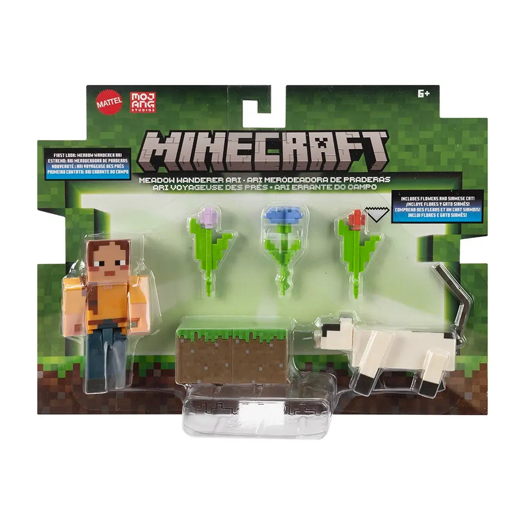 Packaged Minecraft Meadow Wanderer Ari 2-pack with Ari figure, Siamese cat, three pixel flowers, and grass block, displayed in green pixel-themed retail box by Mattel.