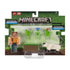 Packaged Minecraft Meadow Wanderer Ari 2-pack with Ari figure, Siamese cat, three pixel flowers, and grass block, displayed in green pixel-themed retail box by Mattel.