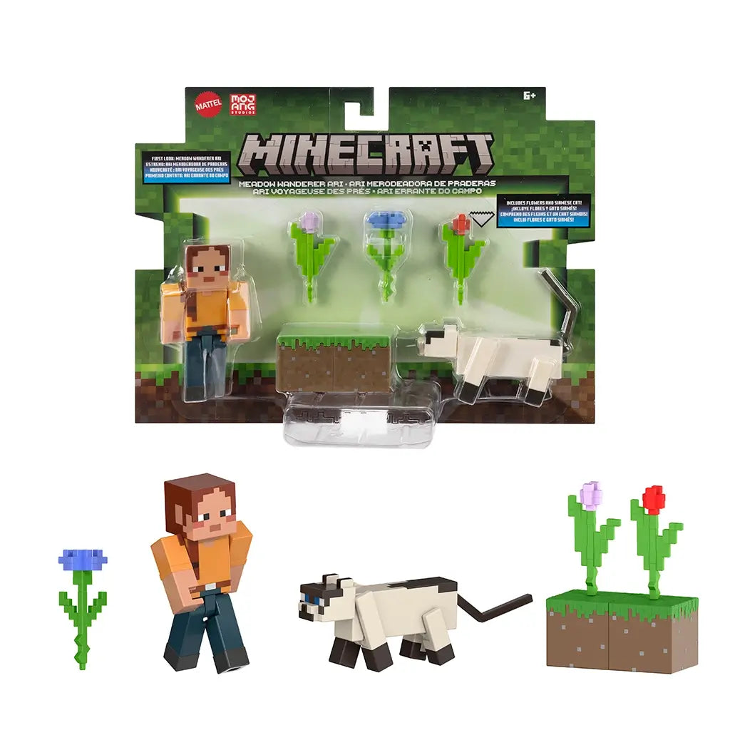 Unboxed Minecraft Meadow Wanderer Ari 2-pack with Ari, Siamese cat, pixel flowers, and grass block arranged neatly on a white background for clear view of each piece.