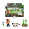 Unboxed Minecraft Meadow Wanderer Ari 2-pack with Ari, Siamese cat, pixel flowers, and grass block arranged neatly on a white background for clear view of each piece.