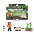 Unboxed Minecraft Meadow Wanderer Ari 2-pack with Ari, Siamese cat, pixel flowers, and grass block arranged neatly on a white background for clear view of each piece.