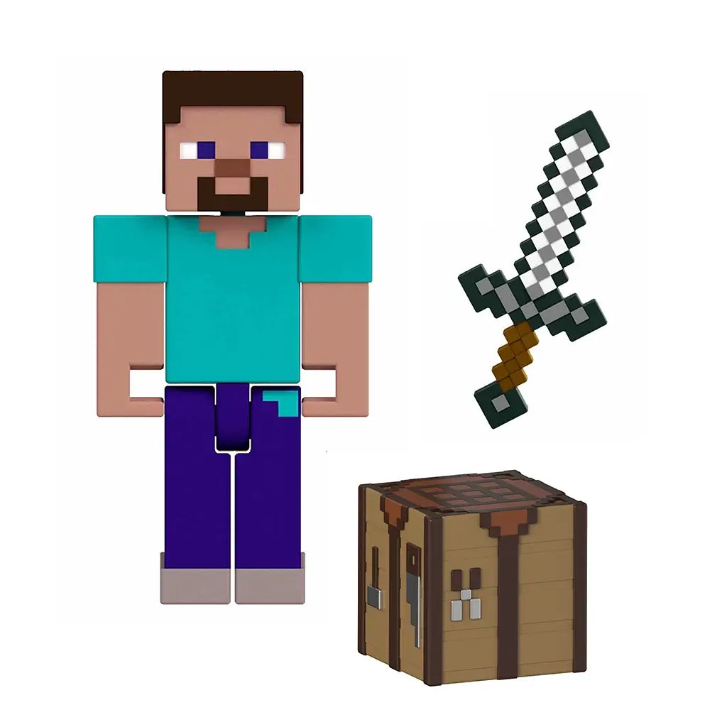 Minecraft Steve action figure with pixelated design, shown alongside crafting table and iron sword accessories for imaginative adventures.