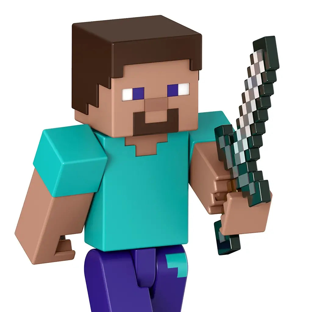 Close-up view of Minecraft Steve action figure with pixelated design, holding an iron sword for action play.
