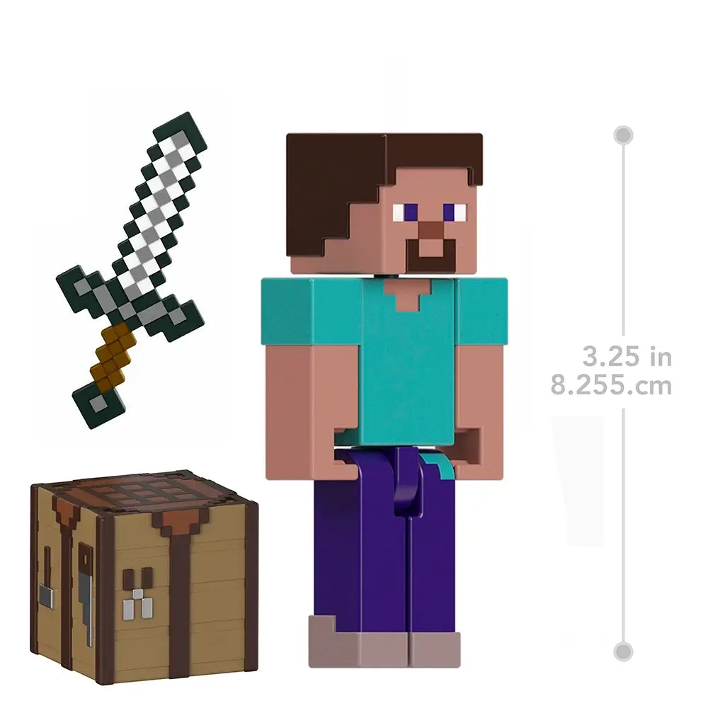Minecraft Steve action figure measuring 3.25 inches (8.255 cm) tall, with pixelated blocky design, crafting table, and iron sword accessories.