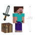 Minecraft Steve action figure measuring 3.25 inches (8.255 cm) tall, with pixelated blocky design, crafting table, and iron sword accessories.