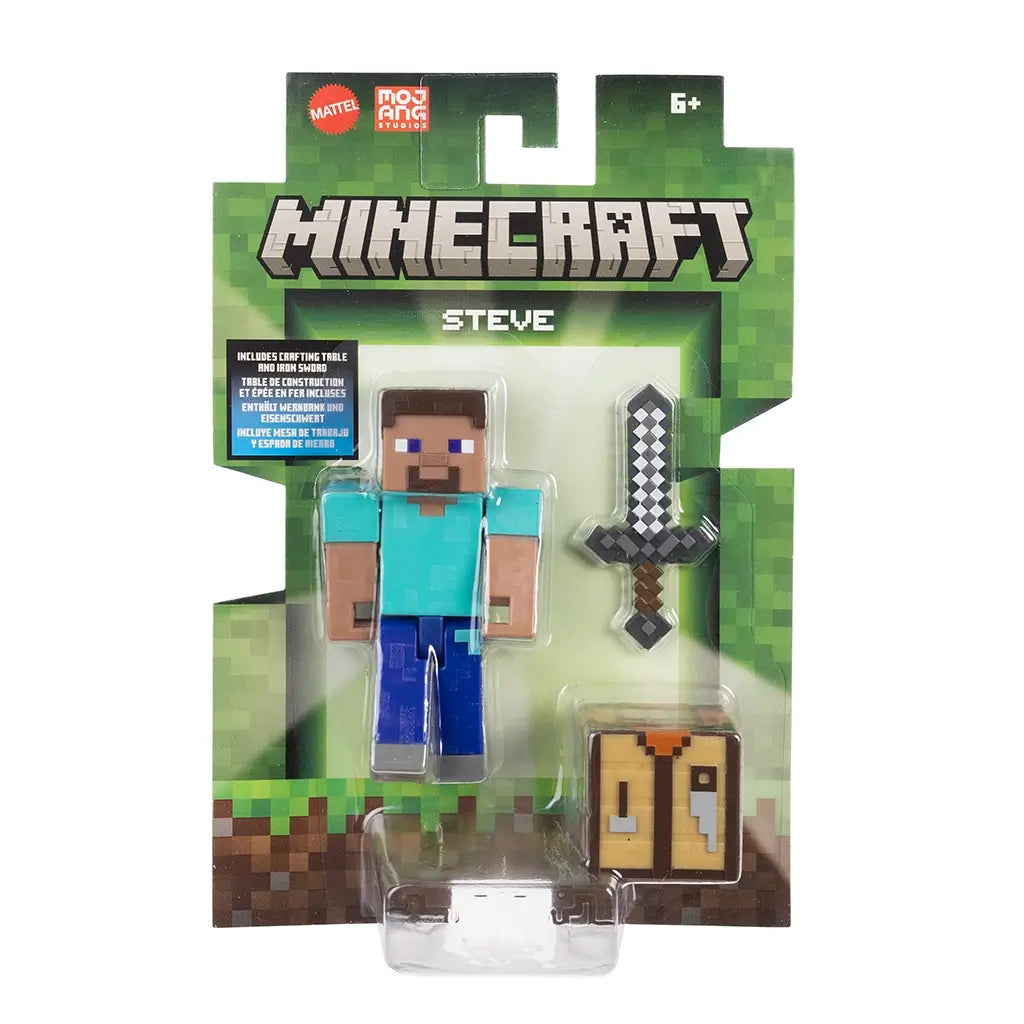 Minecraft Steve action figure in retail packaging, includes crafting table and iron sword accessories for creative building and play.