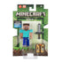 Minecraft Steve action figure in retail packaging, includes crafting table and iron sword accessories for creative building and play.