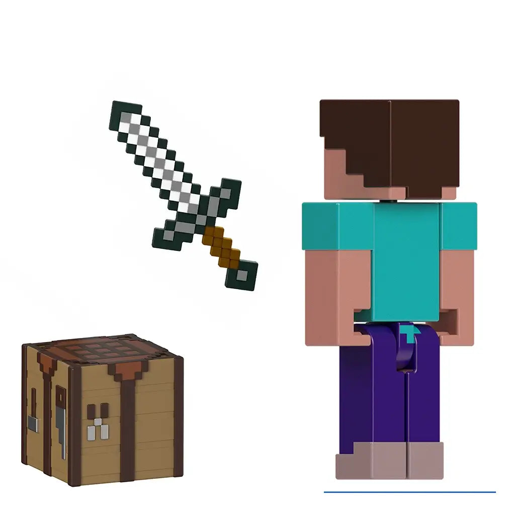 Rear angled view of Minecraft Steve action figure with pixelated blocky design, shown with iron sword and crafting table accessories.