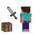 Rear angled view of Minecraft Steve action figure with pixelated blocky design, shown with iron sword and crafting table accessories.