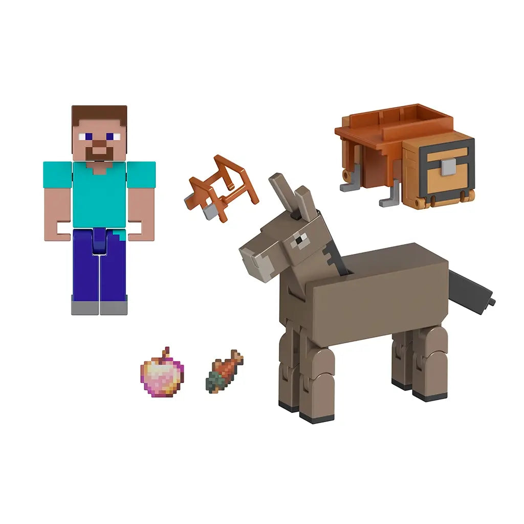 Minecraft Steve and donkey with removable saddle, chest, golden apple, carrot, and bridle accessories, displayed in separate pieces on a white background.