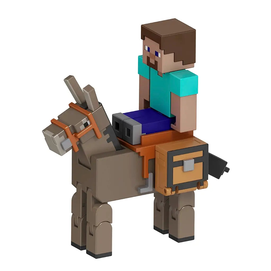 Minecraft Steve figure riding a blocky brown donkey with saddle, chest storage, and bridle, showcasing detailed pixel-style textures on a white background.