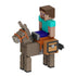 Minecraft Steve figure riding a blocky brown donkey with saddle, chest storage, and bridle, showcasing detailed pixel-style textures on a white background.